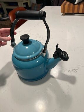 Le Creuset Turquoise Whistling Teakettle with Black Handle